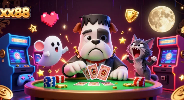 Play thrilling games at xx88 as a bulldog dealer entertains guests with ghostly charm.