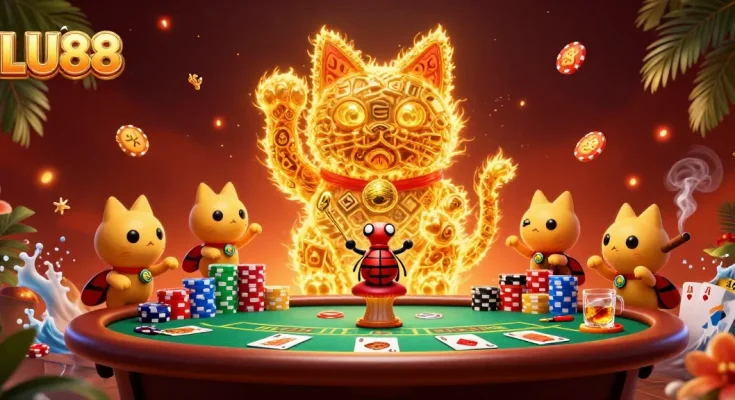 Experience the excitement of LU88 with a vibrant 3D illustration of a lucky cat surrounded by casino elements.
