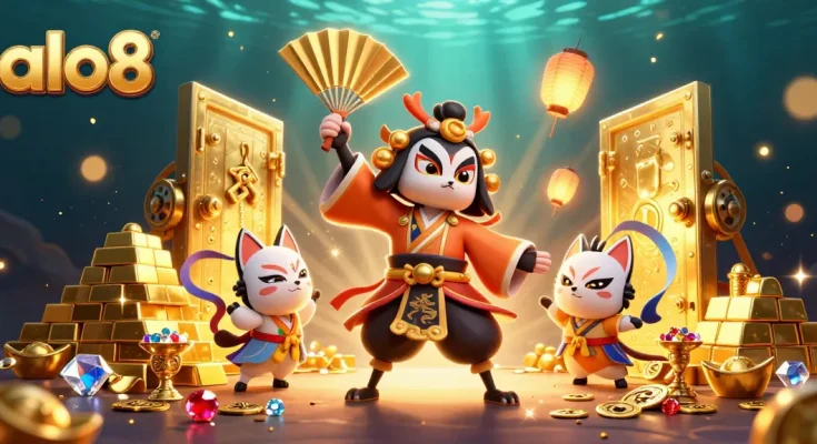 Experience excitement with alo8's vibrant casino elements and captivating characters in this 3D illustration.