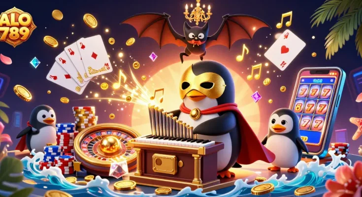 Experience ALO 789 with thrilling casino action featuring golden coins cascading from a phantom penguin's organ.