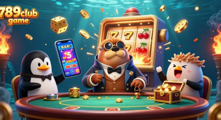 Experience the thrill of 789club game with a joyful walrus and friends at an underwater poker table.