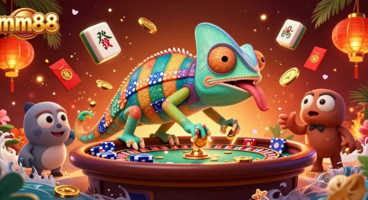 Experience thrilling gameplay at mm88 with a colorful chameleon casino owner and vibrant game elements.