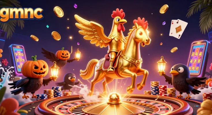 Experience gmnc's thrilling casino adventure with a golden rooster in a midnight casino scene.