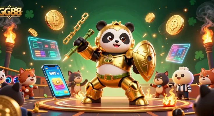 Experience the thrilling action of GG88 with a golden panda piloting a fighting robot amidst crypto-themed visuals.