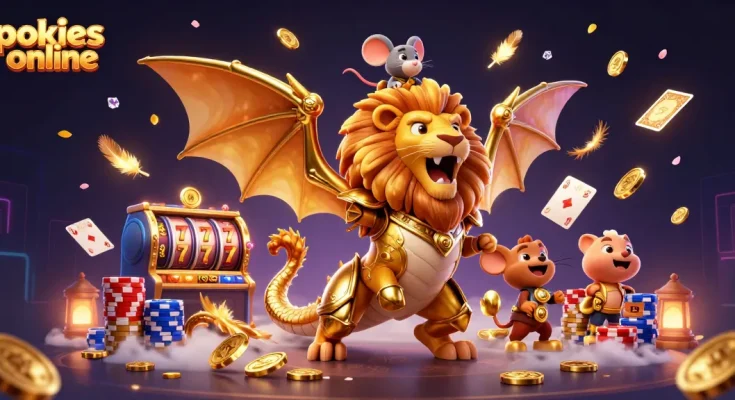 Engage with thrilling gameplay at pokies online highlighted by cascading coins, dynamic slot reels, and vibrant characters.