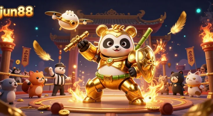 Experience thrilling action at jun88 with a golden panda piloting a robot in a lively casino arena.