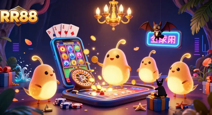 RR88 illuminates a vibrant casino scene with glowworms and exciting game elements.
