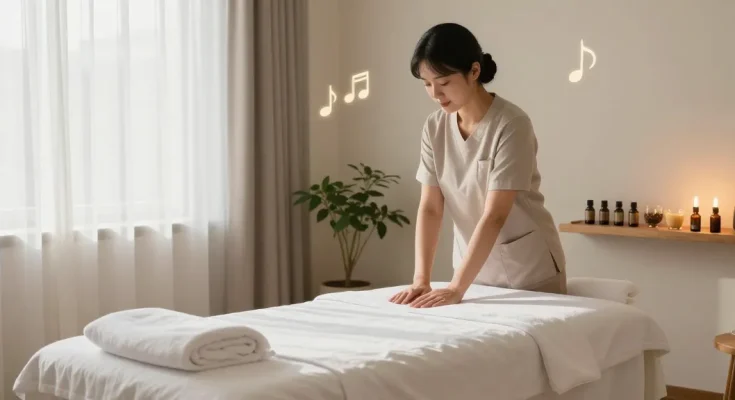 Tranquil massage therapy room featuring elements for 성남출장마사지, creating a calming atmosphere.