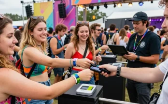 control de acceso con pulsera electrónica in a lively festival setting with attendees using wristbands for seamless access and payments.