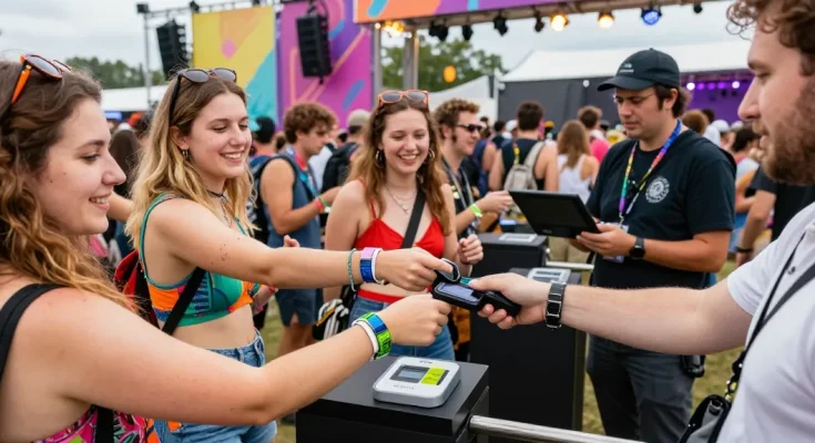 control de acceso con pulsera electrónica in a lively festival setting with attendees using wristbands for seamless access and payments.